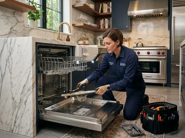 Appliance Repair Hero technician servicing a built-in dishwasher in a Boulder, CO kitchen