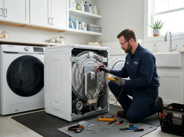 Appliance Repair Hero technician checking a dryer heating element with the rear panel off in Boulder, CO