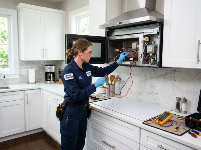 Appliance Repair Hero technician testing an over-the-range microwave in a Boulder, CO kitchen