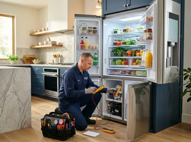 Appliance Repair Hero refrigerator technician testing a fridge on a Boulder, CO service call
