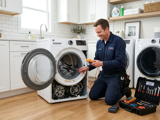 Appliance Repair Hero technician testing a front-load washer with a multimeter on a Boulder, CO service call
